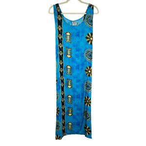 Tropic Threads Midi Beach‎ Dress Women XL Blue Tribal Print Fish Vacation Hawaii